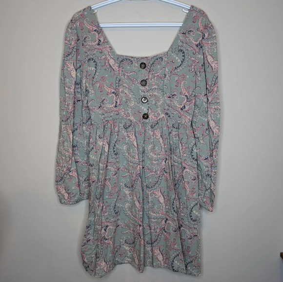 Juniors' Mudd® Long Sleeve Squareneck Blue Pink Paisley Print Dress Small - Picture 2 of 12